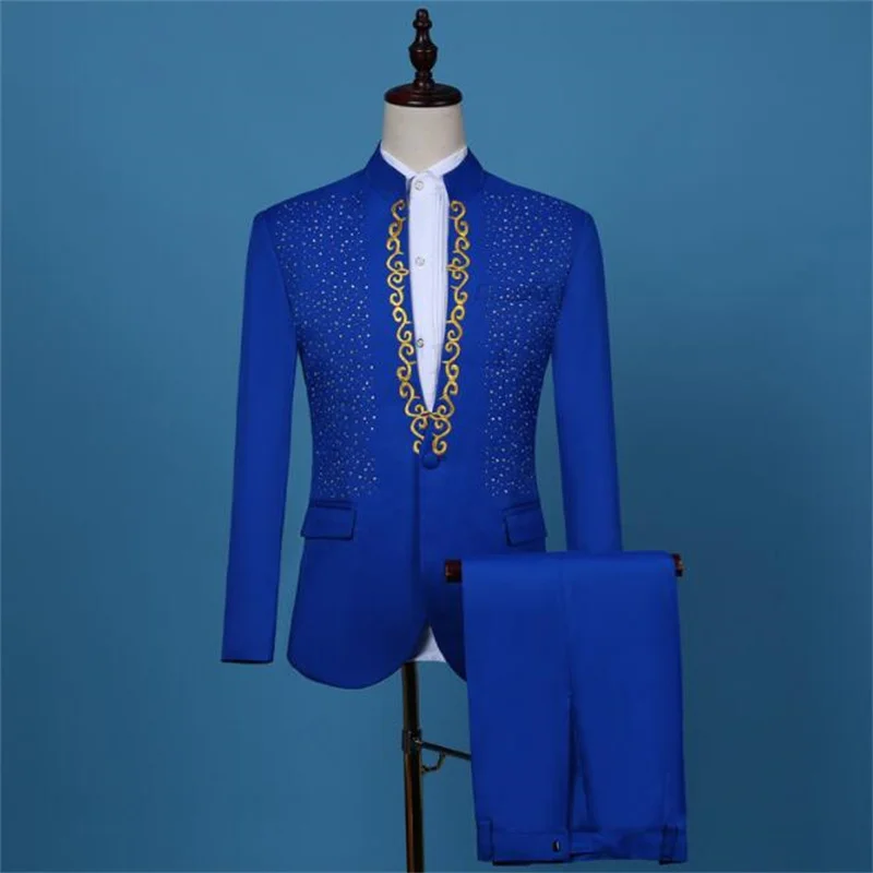 Blazer men diamond embroidery suit set with pants mens wedding suits costume singer stand collar stage clothing formal dress