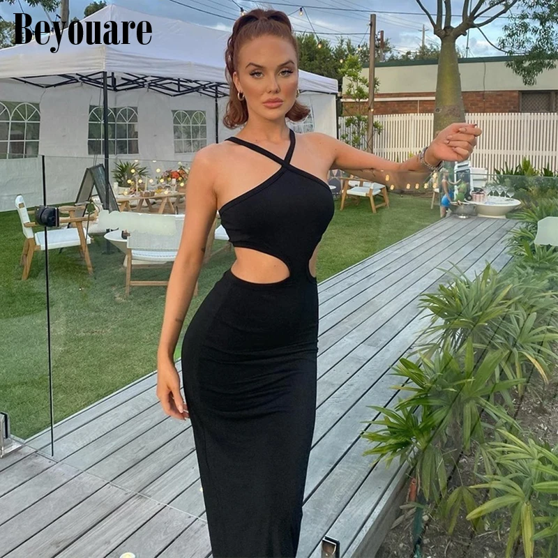 

Beyouare Elegant Sexy Women Halter Dress Hollow Out Sleeveless Tank Mid-Calf Dresses 2021 Summer Solid Black Slim Skinny Bodycon