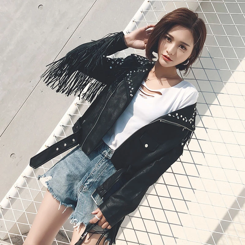 Куртка женская мотоциклетная из искусственной кожи Черная байкерская верхняя