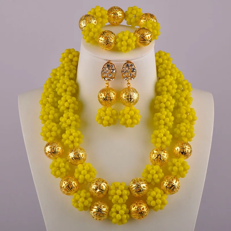 

Opaque Yellow African Beads Jewelry Set Ball Beaded Nigerian Wedding Necklace