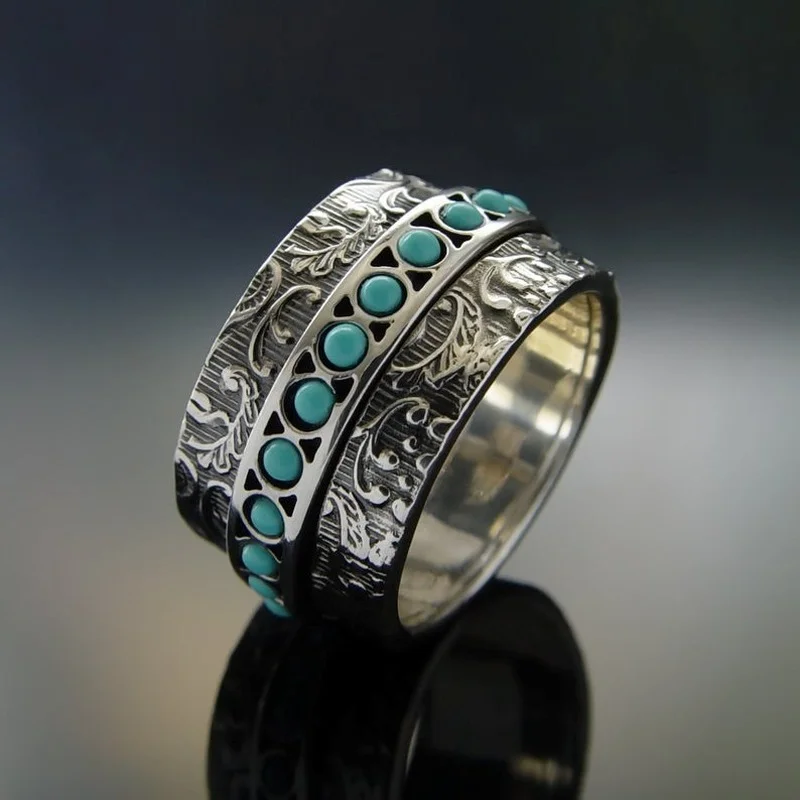 

2023 Embossed Pattern Full Circle Wide Surface Blue Small Pine Stone Women's Ring Men's Ring Men Jewellery Bijouterie Female