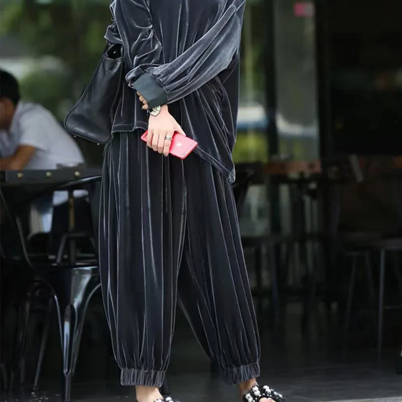 Two Piece Set Female 2021 Spring Autumn Gold Velvet Suit Women Fashion Loose Casual Sports Wide Leg Pants Ropa Mujer |