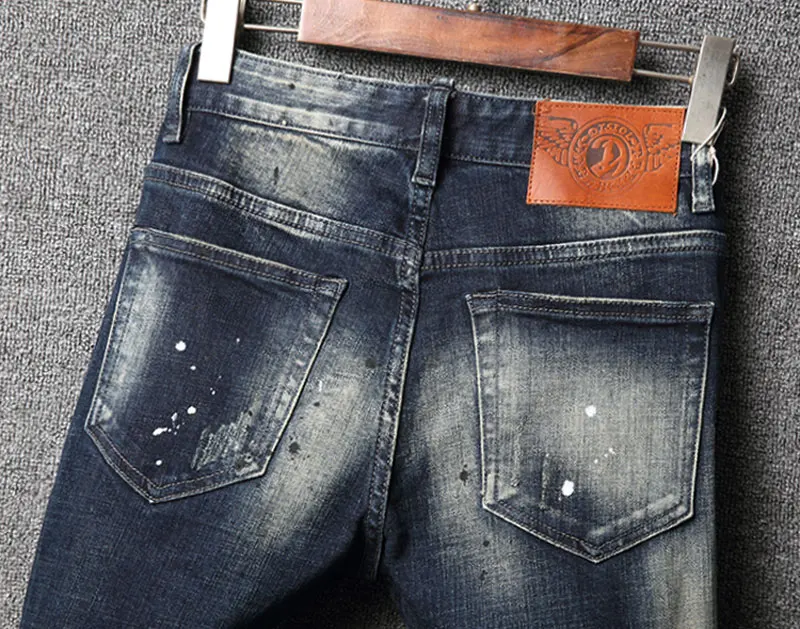 Модные мужские джинсы в итальянском стиле облегающие рваные ретро темно-синие