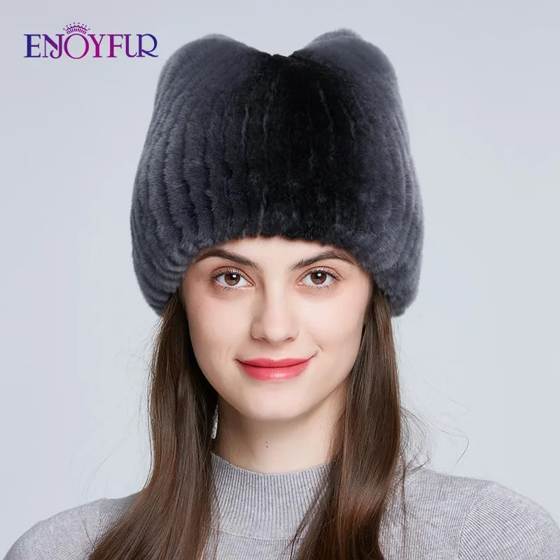 ENJOYFUR Winter Fur Hats For Women Real Rex Rabbit Fur Beanie Cap with Bow-knot Thick Warm Fur Caps For Girls