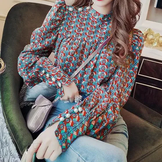 

Chiffon women's top autumn/winter 2020 new Korean version retro slim long-sleeved print women-blouses Polyester COTTON