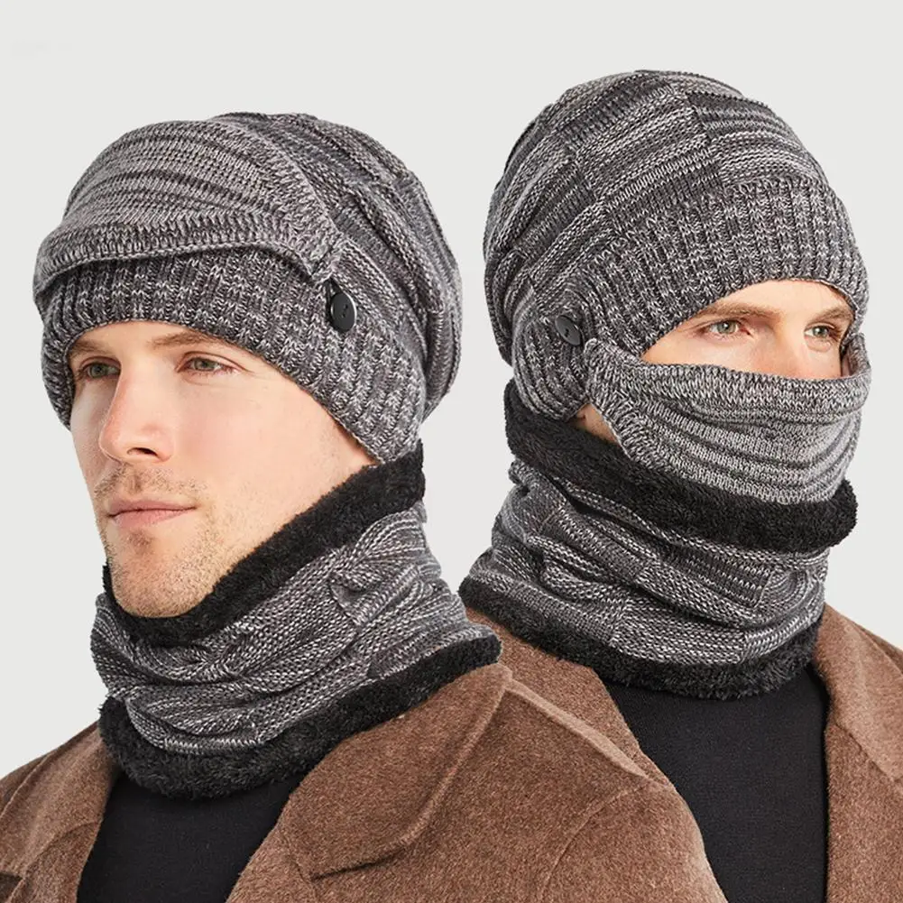 

Three-piece Hat Scarf Mask Men's Autumn And Winter Padded Cycling Knitted Plus Warm Hat Hat Velvet Wool All-match