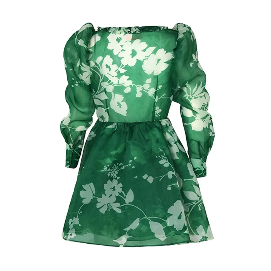 

High Quality 2021 Summer Sexy V-neck Lantern Long Sleeve Print Dress Elegant Women Celebrity Runway Club Party Dress Vestidos