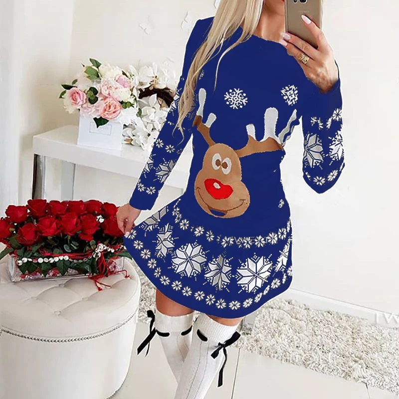 

2020 New Fashion High Stretch Christmas Mixed Print Long Sleeve Dress