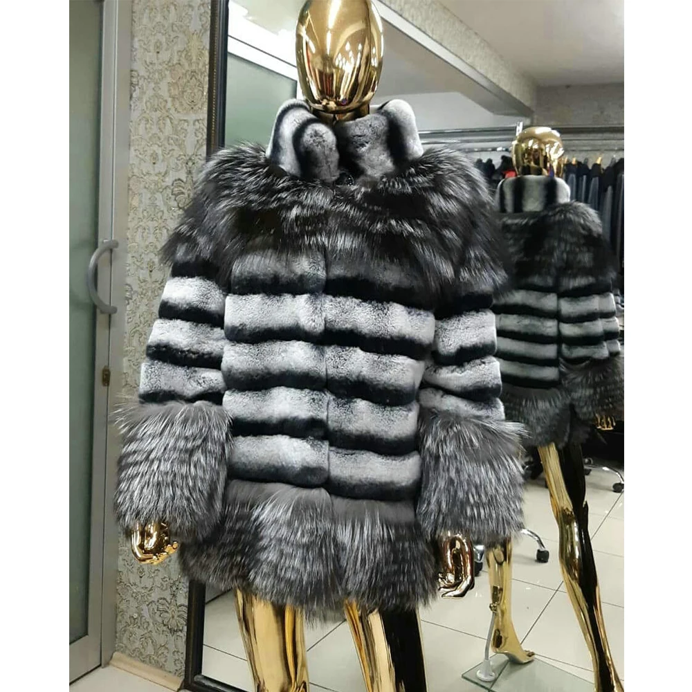 Enlarge Women Natural Rex Rabbit Fur Coat Stand Collar Fashion Winter New Genuine Rex Rabbit Fur Jacket with Silver Fox Fur Bottoms Coat