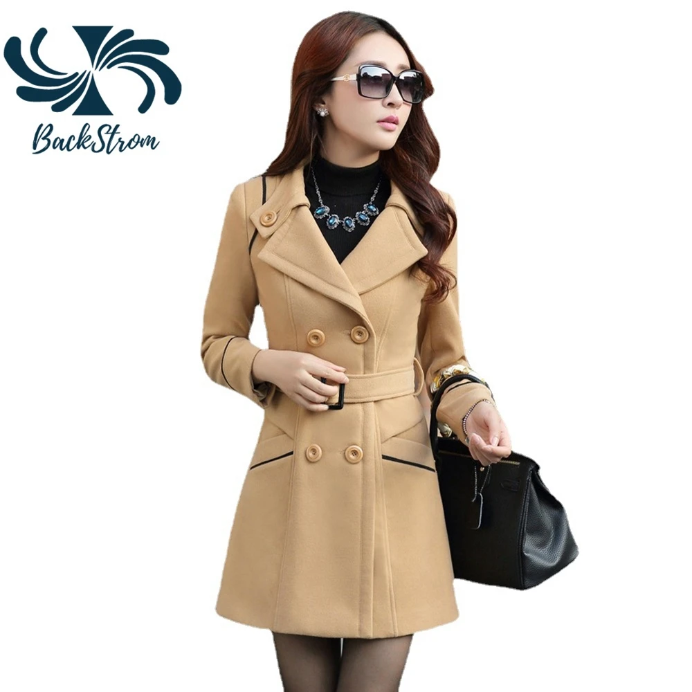

BACKSTROM Women Fall-Winter Korean Fashion Slim Woolen Coats Female Mid-Length Wool Jackets Waist Adjustable Sashes Outwear
