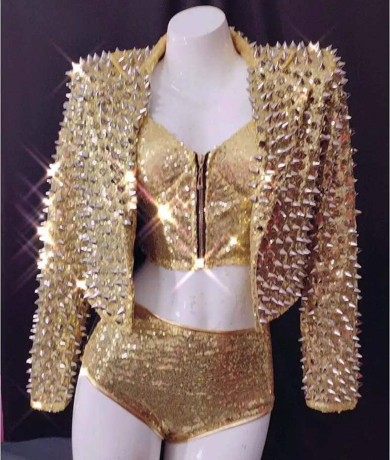 

2 Color Sparkly Rivets Sequins Jacket Bra Short Set Birthday Prom Outfit Women Singer Dancer Costume Bar