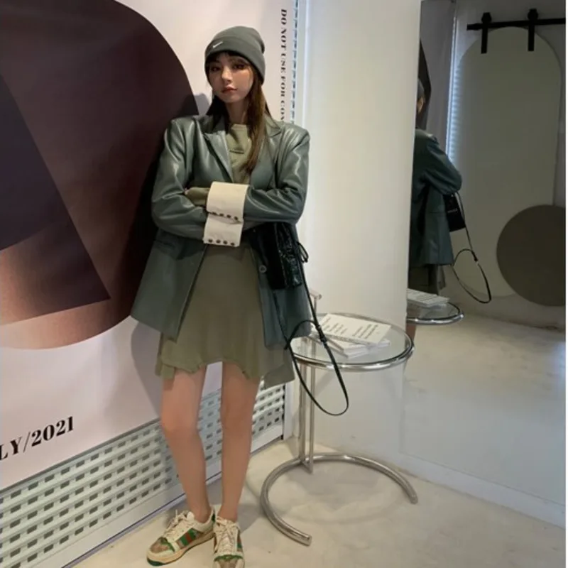 Women Faux Leather PU Blazer Jackets Vintage Casual Loose Korean Fashion Leathers Jacket Femme Casaco Feminino Jaqueta Chaquetas