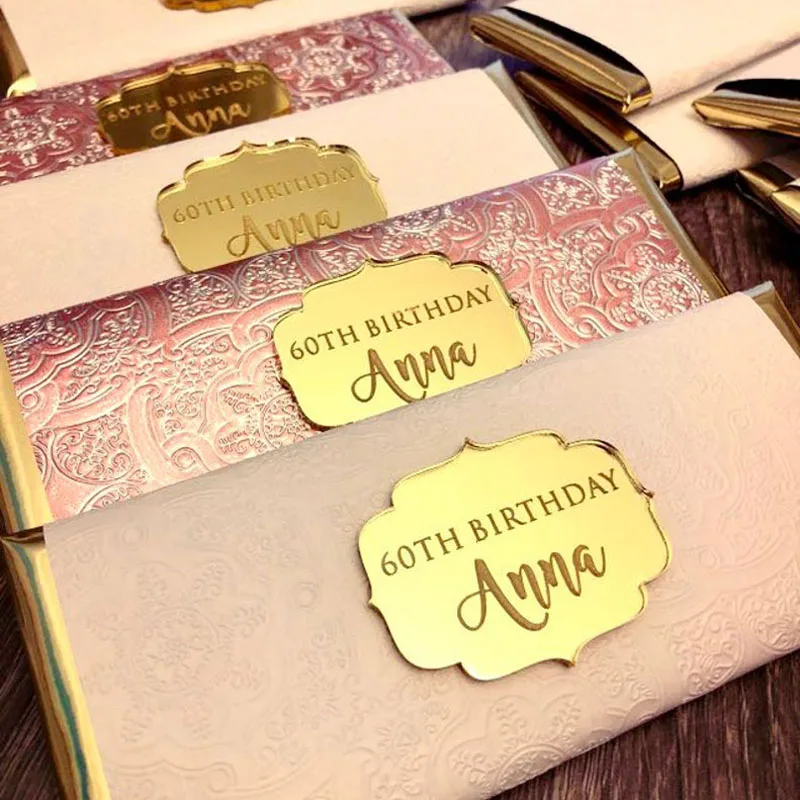 Золотые акриловые зеркальные бирки на заказ шоколадные сувениры логотип с