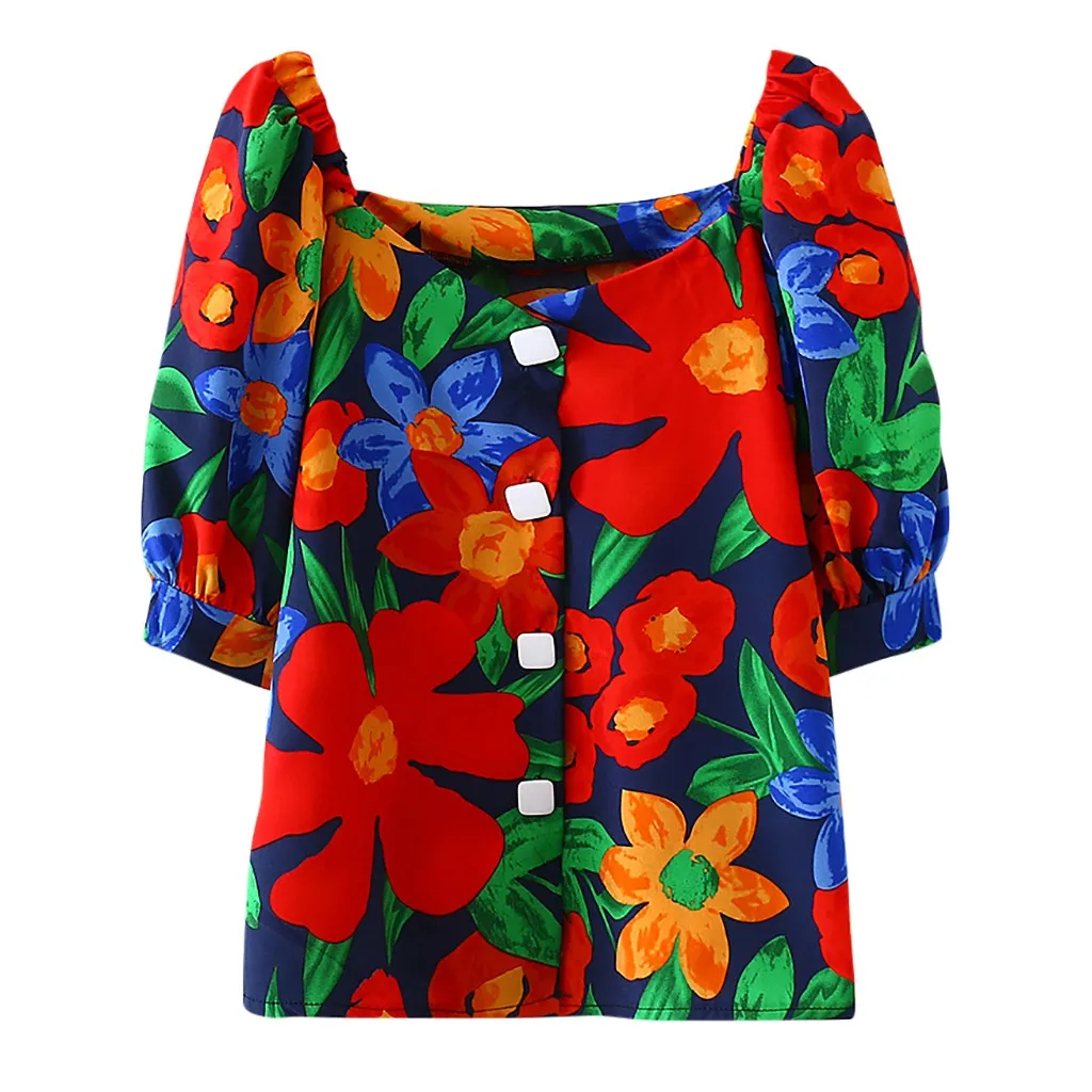 

Женский топ с пышными рукавами, элегантная повседневная футболка с цветочным принтом в стиле ретро, # srn