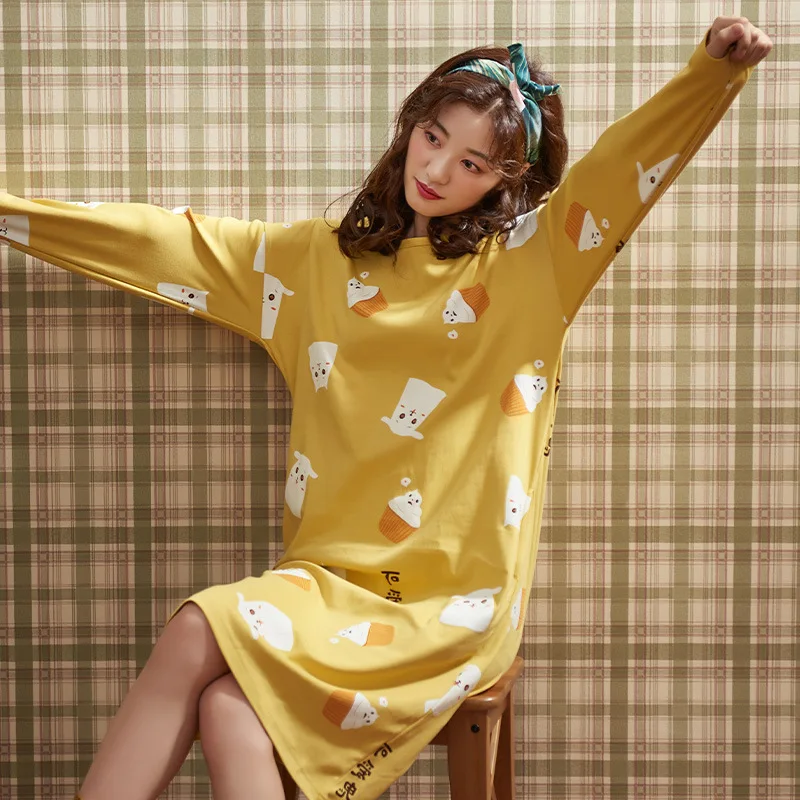 2021Spring and Autumn New Women's Nightdress Long Sleeve Cute Home Nightdress Home Service Sleep Tops Night Gown Sleepwear Women