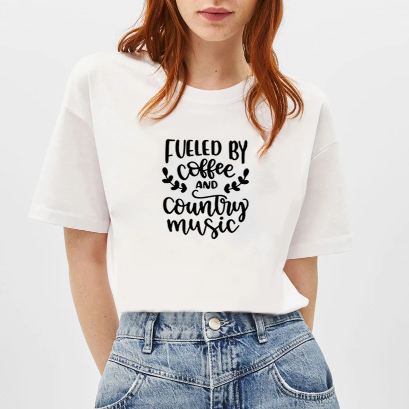

Fueled By Coffee and Country Music Print Tee Shirt Femme O-neck Short Sleeve Cotton T Shirt Women Loose T Shirts for Women Tops