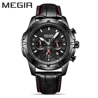 megir top brand black sports quartz mens watch leather luminous waterproof watch calendar chronograph watches for men 2102