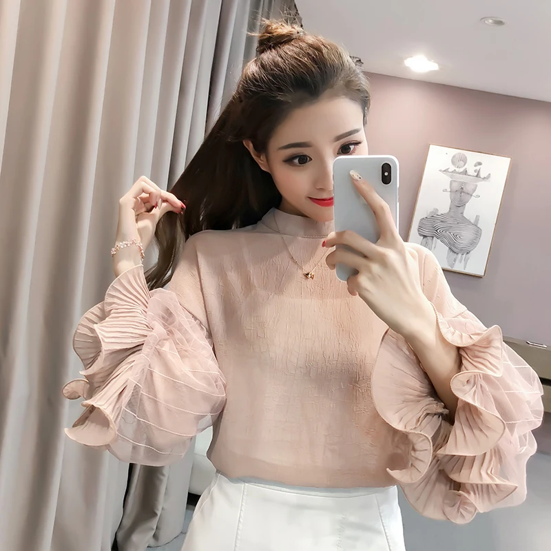 2020 New Spring Women Shirts Lantern Sleeve Loose Chiffon Stand Neck Lace Tide Blouse Shirt Pink 8006