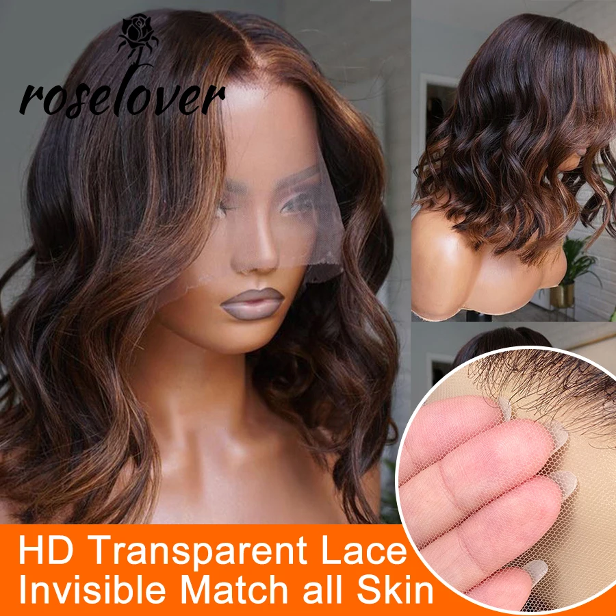 

Highlight Honey Blonde 13x4 HD Lace Frontal Wig Wavy Short Bob Brazilian Remy Human Hair Wigs For Women Pre Plucked Hairline