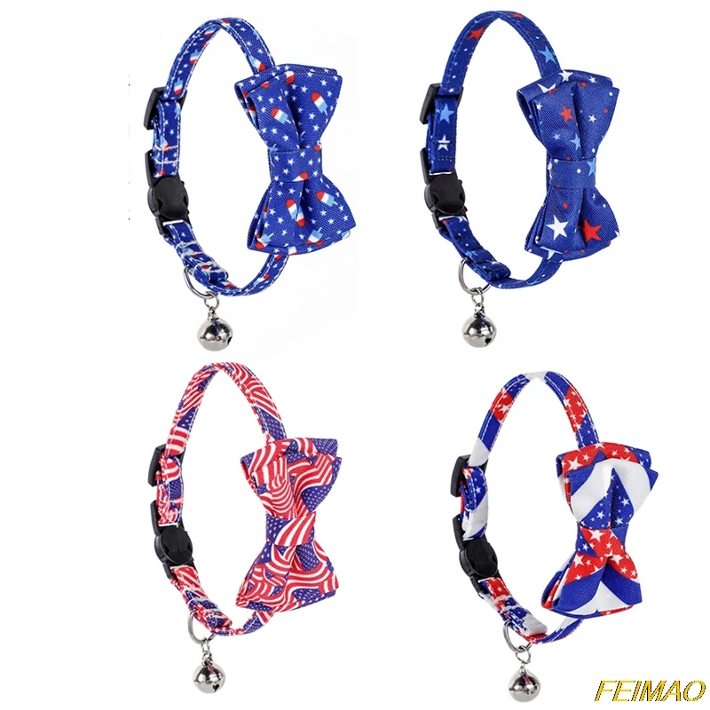 

Adjustable American US Flag Breakaway Cat Collar and Bow Tie with Bell for Pets
