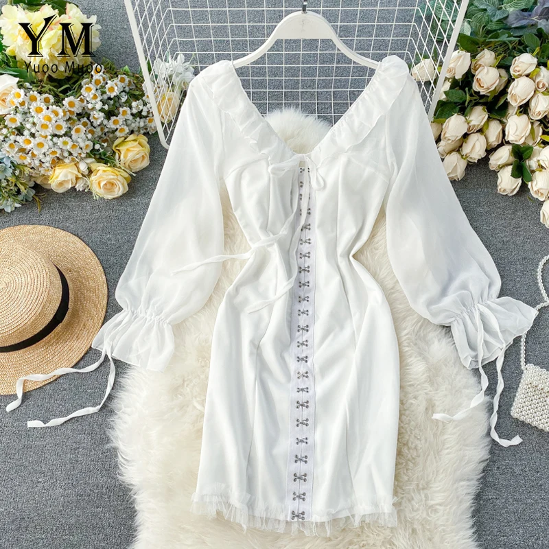 YuooMuoo облегающее платье с V образным вырезом и длинным рукавом женское белое