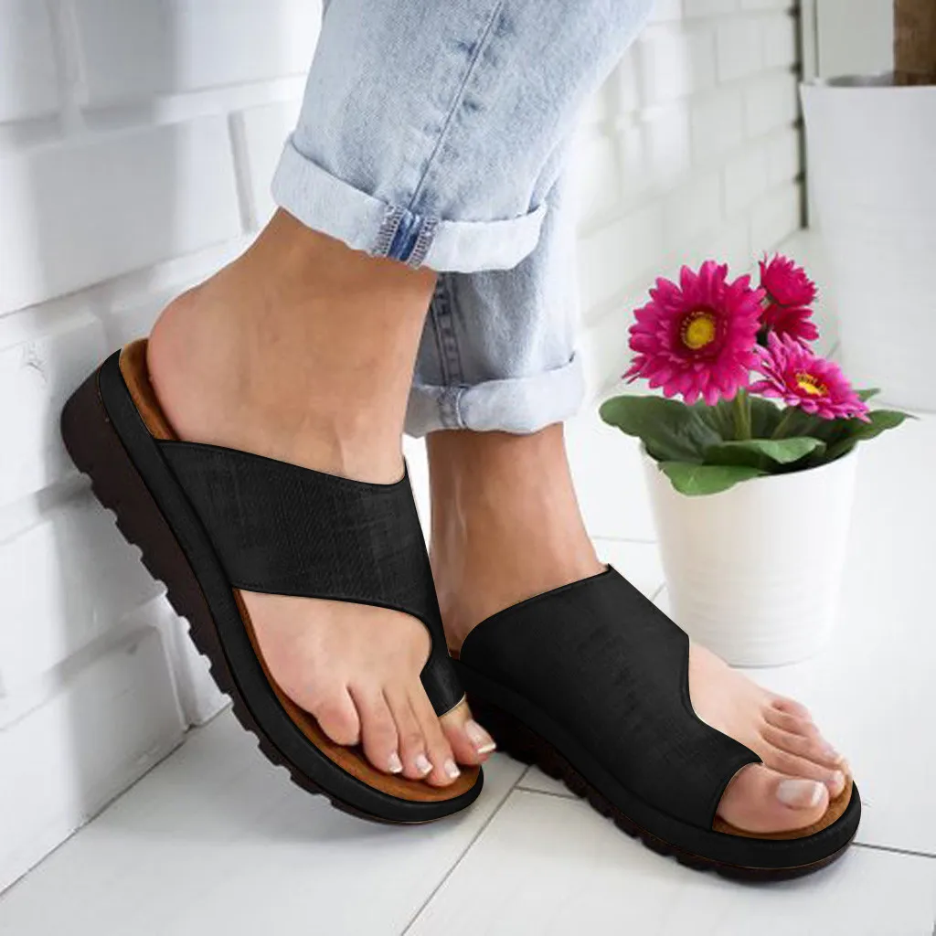 

Women Slippers Shoes Pu Leather Comfy Platform Flat Sole Ladies Soft Big Toe Foot Correction Sandal Orthopedic Bunion Corrector