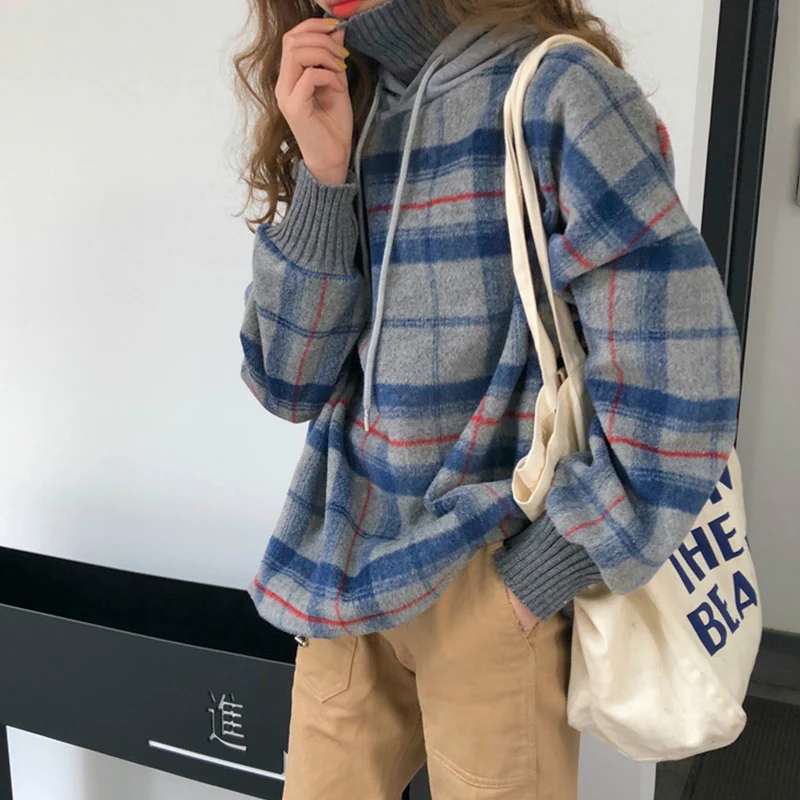 Толстовка в клетку с высоким воротником и капюшоном Корейская толстовка