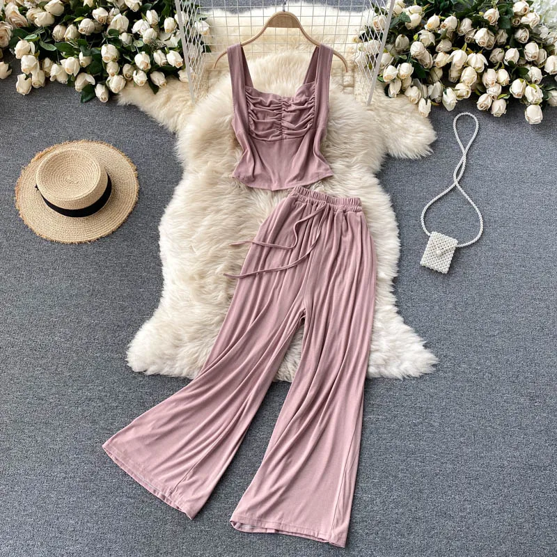 

2021 Summer Casual Two Pieces Tracksuit Sets Women Solid Sleeveless Ruched Blouses Tops +Wide Leg Pants Set Fashion Ladies Suits