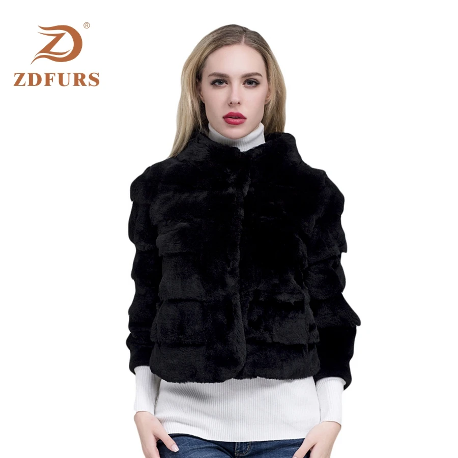 ZDFURS* 2019 New Mandarin Collar Short Jacket 100% Full Pelt Genuine Real Rex Rabbit Fur Coat Stripe Line Natural  waistcoat