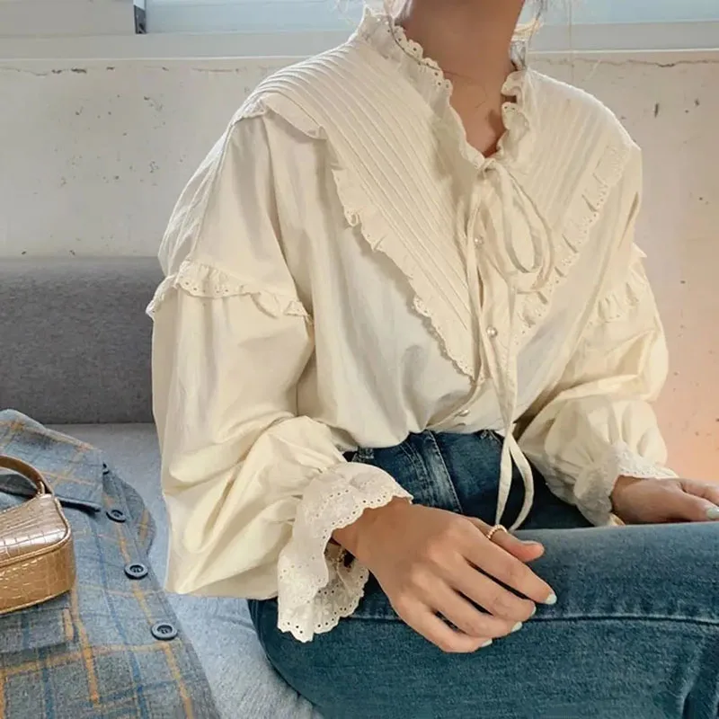 

Korean Sweet Vintage Bow Spliced Solid Women Shirts Flare Long Sleeve Slim Fashion Tops Stand Chic Button Joker Female Blouses