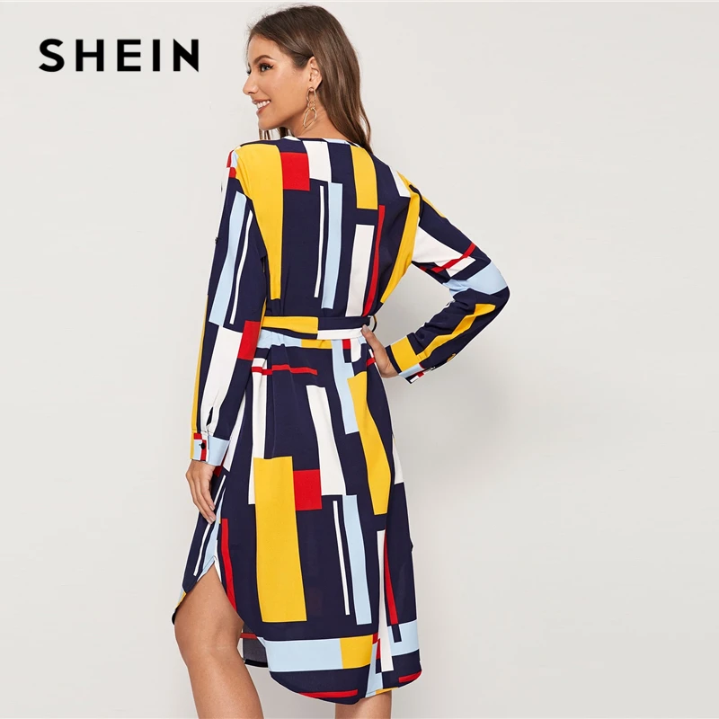 SHEIN модное Повседневное платье с v-образным вырезом и цветными блоками, с поясом, для женщин, осень, закатывающиеся рукава, пуговицы сбоку, прямые платья миди