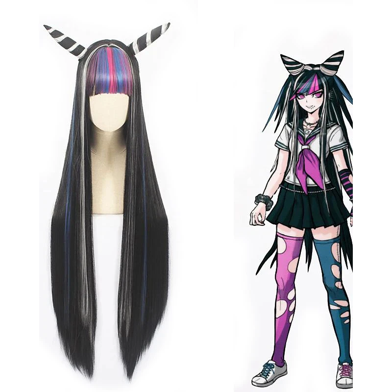 Perucas com Franja Resistente ao Calor Cabelo Mioda Ibuki Cosplay Fibra Longa Reta Preto Adolescente Adultos Mulheres Anime Peruca