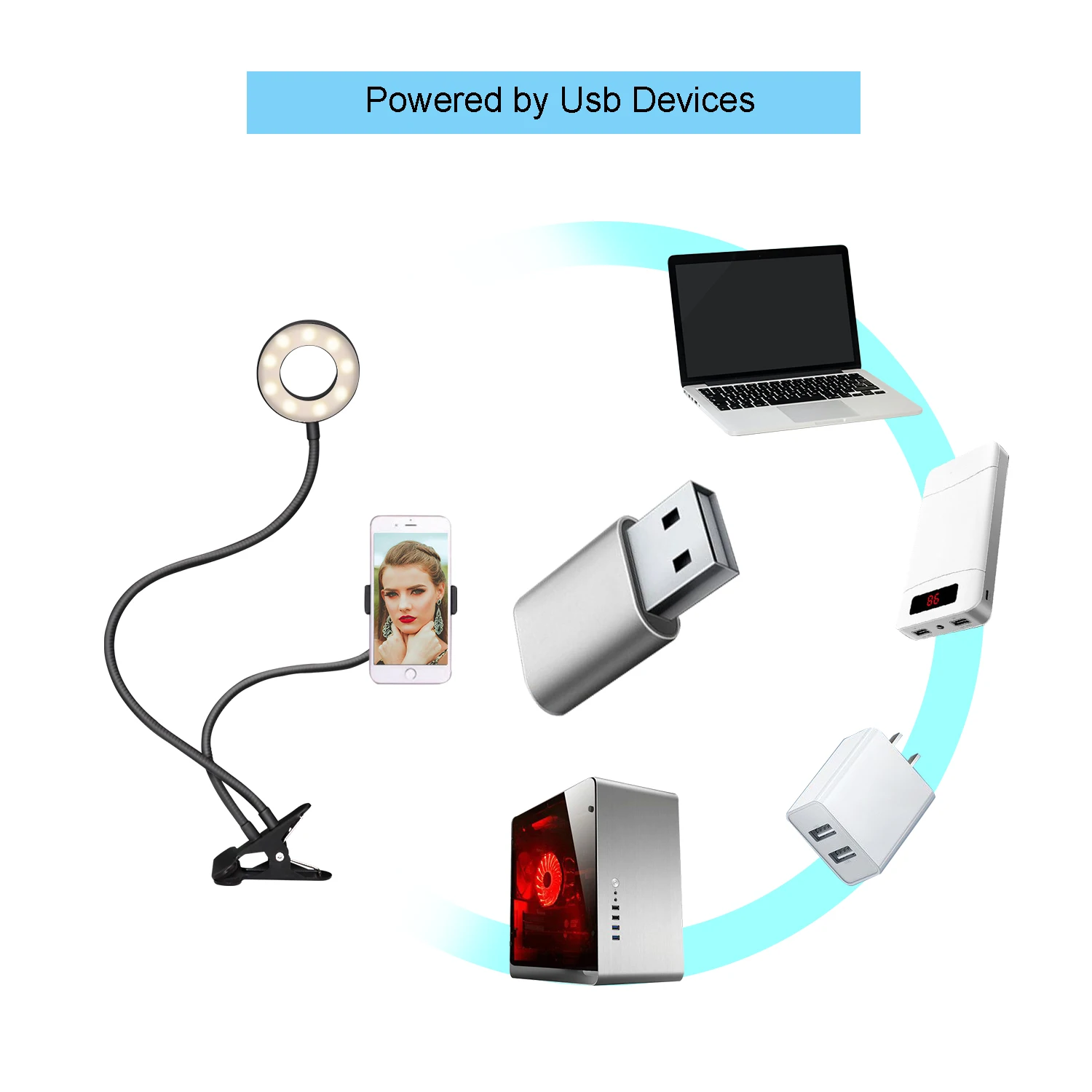 USB СВЕТОДИОДНЫЙ светильник для селфи с регулируемой яркостью кольцевой