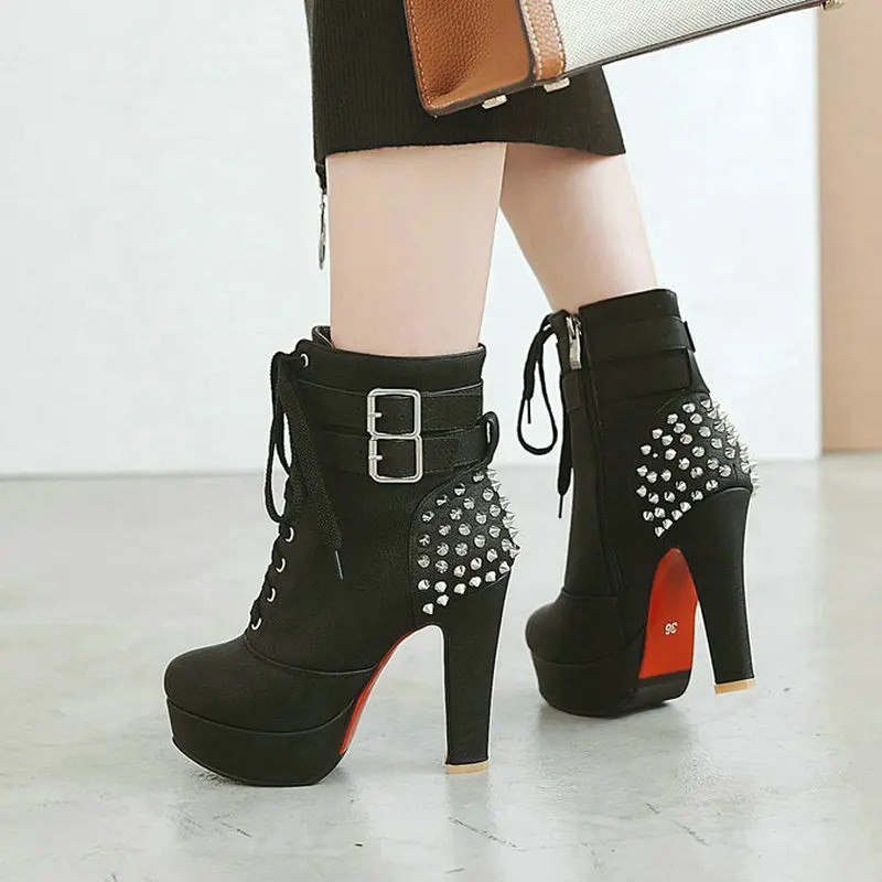

2020 Women Ankle Boots Platform Square Heel Women Boots Fashion River Zipper Women Short Boots Cross Tied Buckle Ladies Shoes