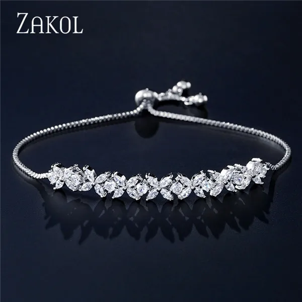ZAKOL, Новое поступление, белый Фианит, циркон, камни, цветок, шарм, регулируемые браслеты для женщин, модные свадебные ювелирные изделия, FSBP2136 - Окраска металла: White Color