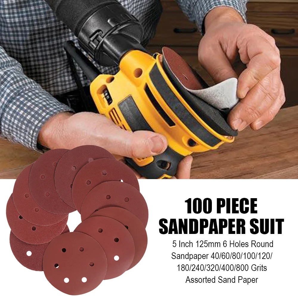 

100 PCS Sanding Disc 5 Inch 125mm 6 Holes Round Sandpaper 40/60/80/100/120/180/240/320/400/800 Grits Assorted Sand Paper