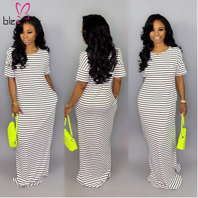 Новинка 2019 женское летнее приталенное платье макси с круглым вырезом в полоску