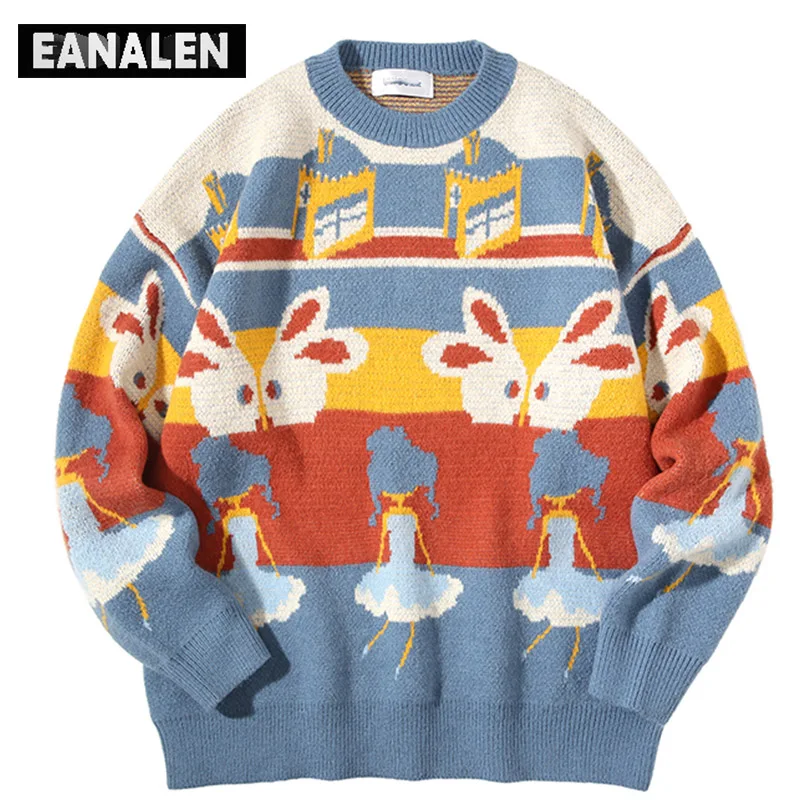 

Винтажный вязаный свитер в стиле Харадзюку с принтом танцующего кролика, Женский пуловер большого размера в Корейском стиле с аниме, мужско...