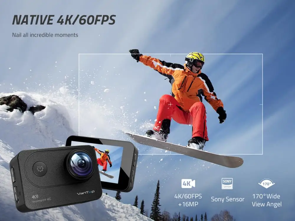Экшн камера VanTop mom4c Спортивная с сенсорным экраном 2 дюйма 4K/60fps EIS Wi Fi 1080P