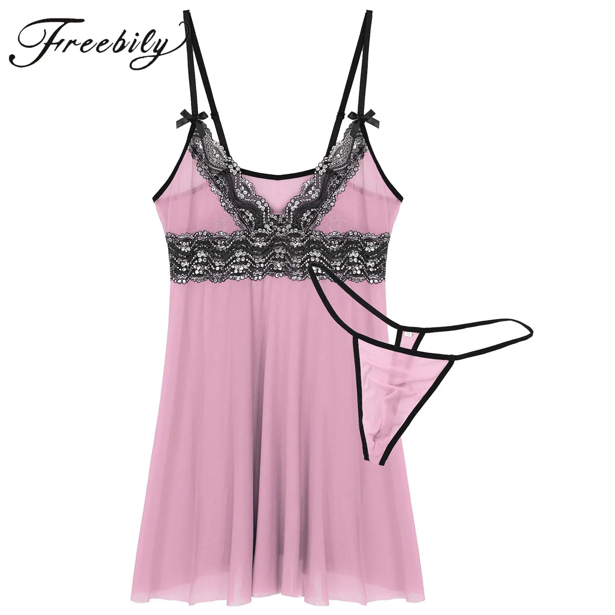 

Men Sissy Dress Set Sheer Lace Mesh Mini Night Dress with G-String Nightwear Lingerie