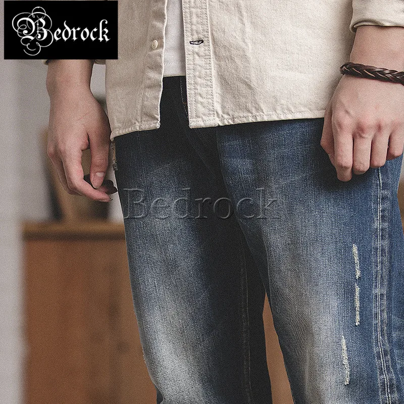 blue one washed red line denim jeans Amekaji distressed old ripped straight pants for men Japanese casual cropped pants