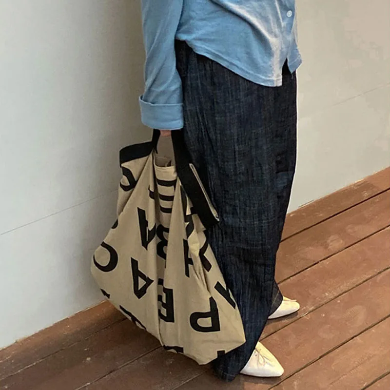 

Холщовая повседневная женская сумка-тоут через плечо, стильные водонепроницаемые тканевые мешки для покупок, складная дорожная сумка с над...