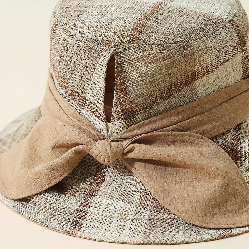 

[PTAH] Summer New Women's Bucket Hats Anti-UV Breathable Hats Ponytail Bow Plaid Cap Cloth Comfort Cap Foldable Windproof Rope