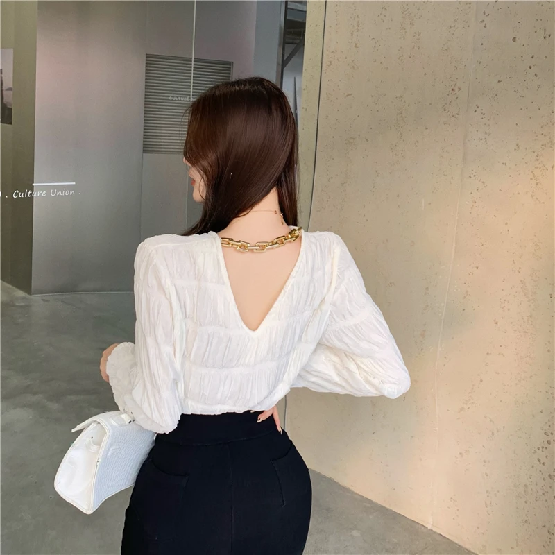 

Lucyever Fashion Chain Pleated Blouse Women 2021 Spring New Sexy V-neck White Shirts Woman Korean Style Solid Slim Fit Pullovers