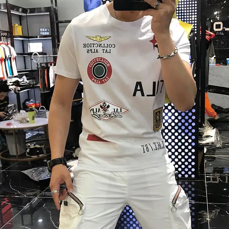 

2021 summer men's new personality trend self-cultivation badge printed round neck mercerized cotton short-sleeved t-shirt