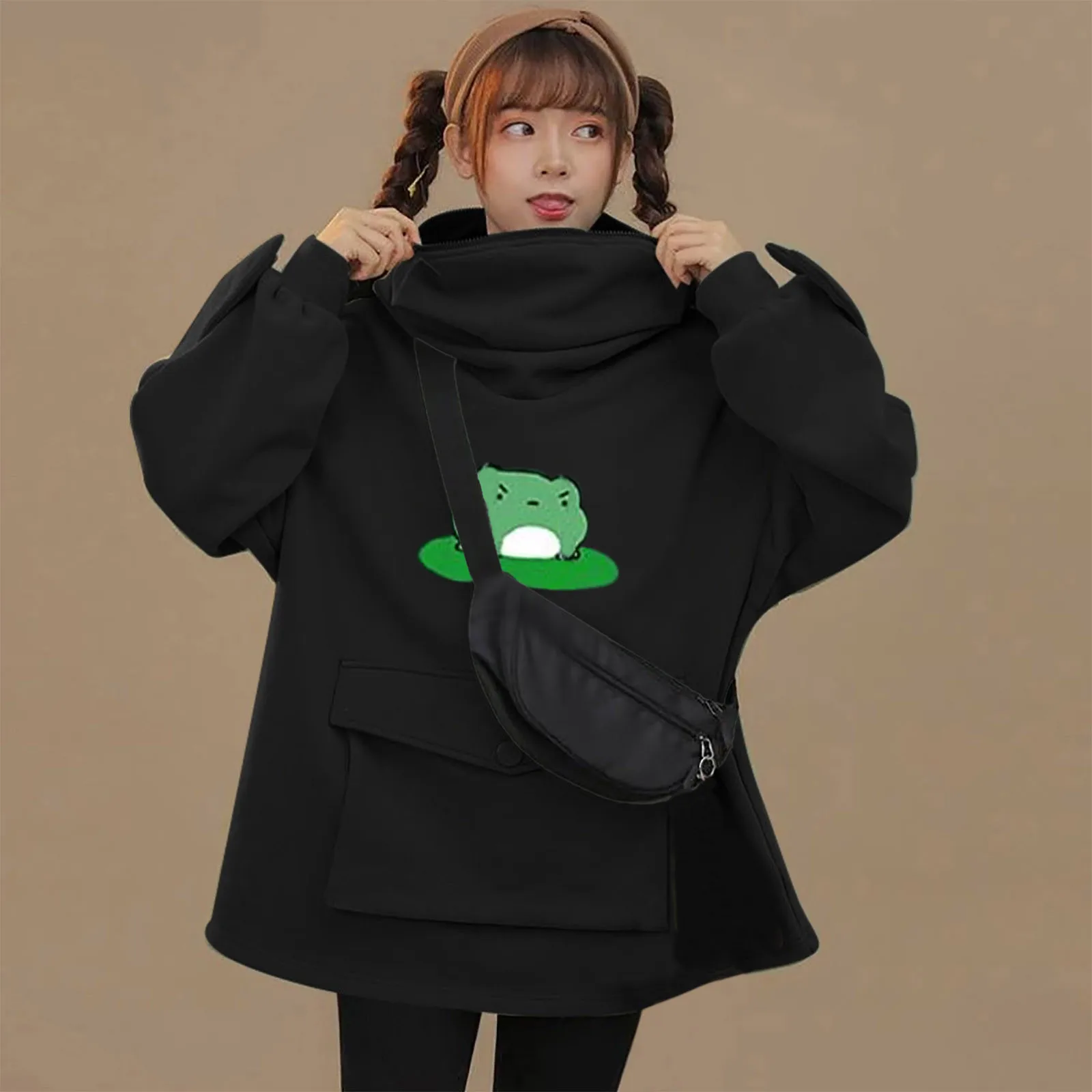 JAYCOSIN Women Sweetshirts Girls Hoodies Kawaii Clothes Zipper Mouth Hooded Pullover Sweatshirt With Large Pocket Korean Style