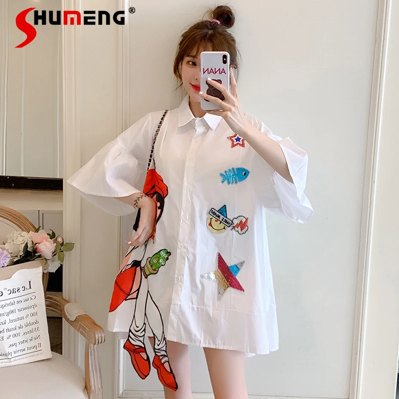 

Women Button Up Shirt Plus Size Cartoon White Blouse Casual Fashion Clothes Blusas Rojas Mujer Shirts for Girls Summer 2021