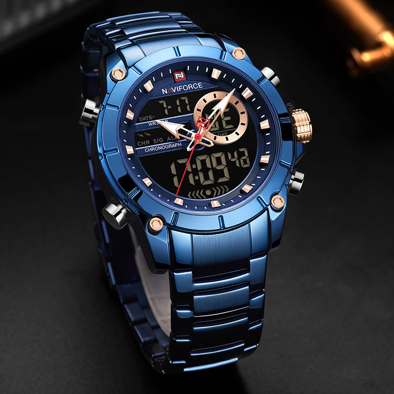 NAVIFORCE мужские часы цифровые спортивные часы Relogio Masculino кварцевые часы ремешок из нержавеющей стали многофункциональные наручные часы для мужчин