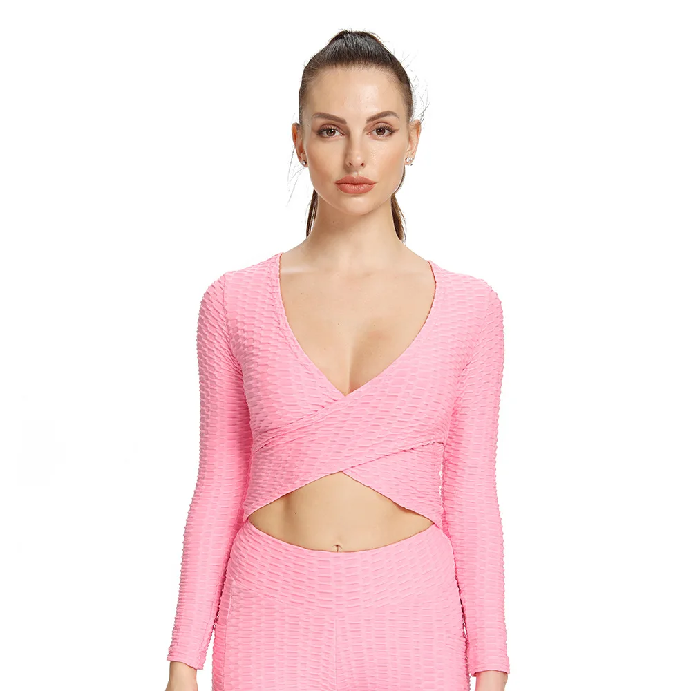 

Women's Fashion Sports Fitness Thickened Jacquard Cross Sexy Chestless Quick-drying Breathable Yoga Long-sleeved Tops T-shirt
