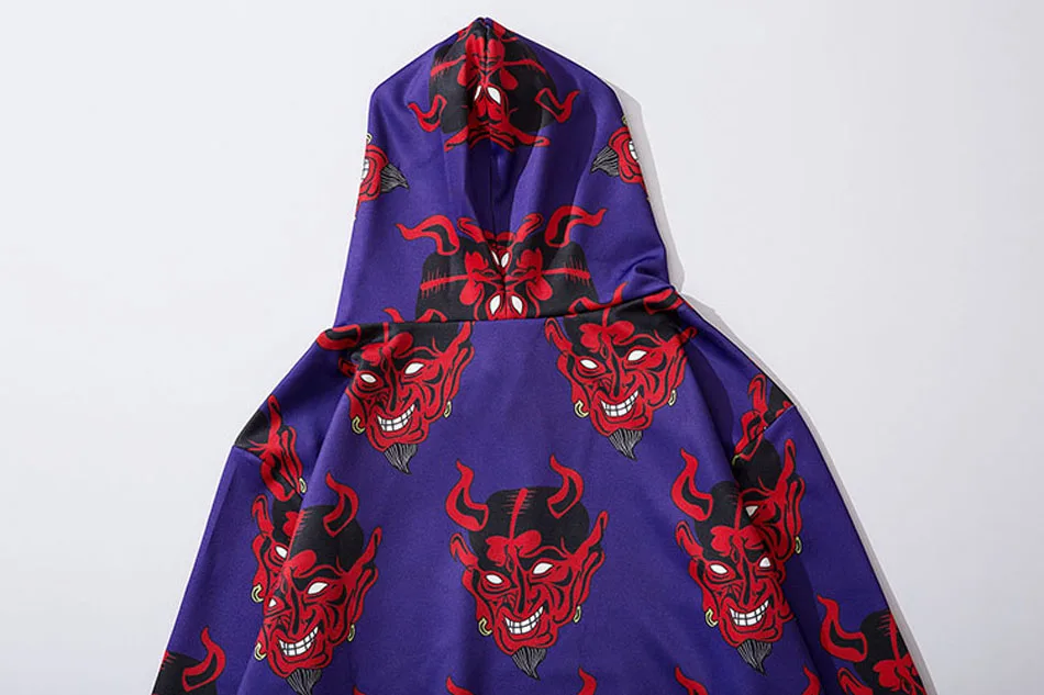 Bonita Vida Devil напечатаны хип-хоп толстовки для мужчин мода уличная Harajuku японский Ukiyo E Гавайский фиолетовый Свитшот